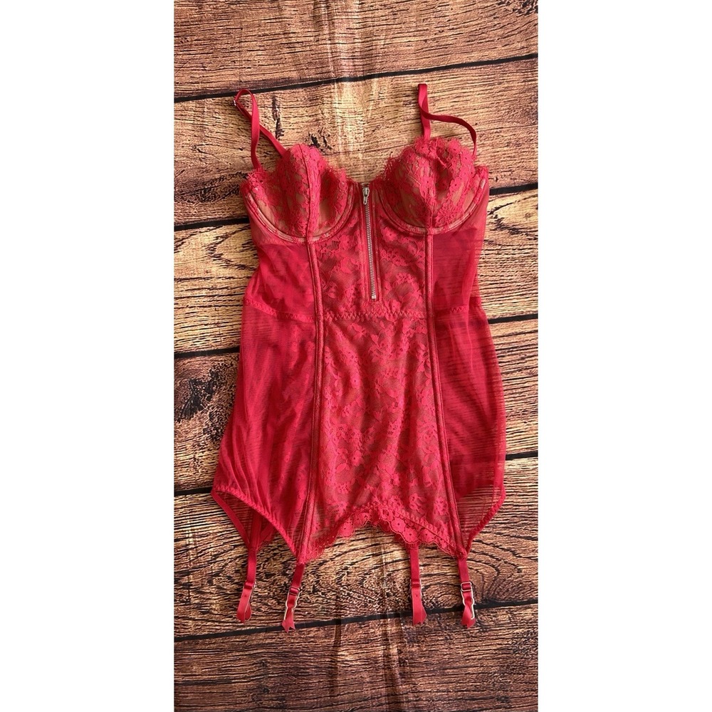 Victoria Secret Lingerie Red Lace Garter Bustier Corset Bra 34B